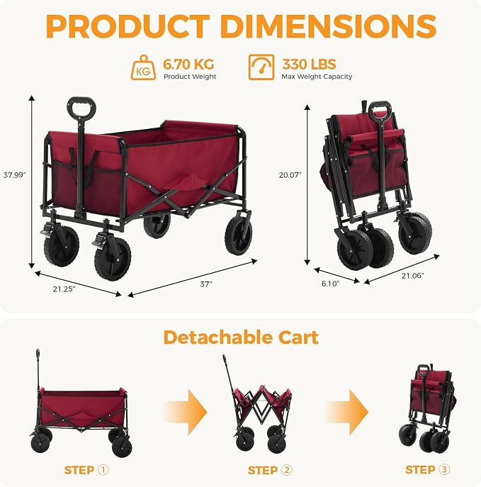 NEWBULIG Collapsible Wagon Cart, 102L Standard, Portable Heavy Duty Pull Cart with Lockable Wheels, 330 lbs Capacity, Adjustable Handle for Beach, Sports, Camping, Shopping & Garden, Red
