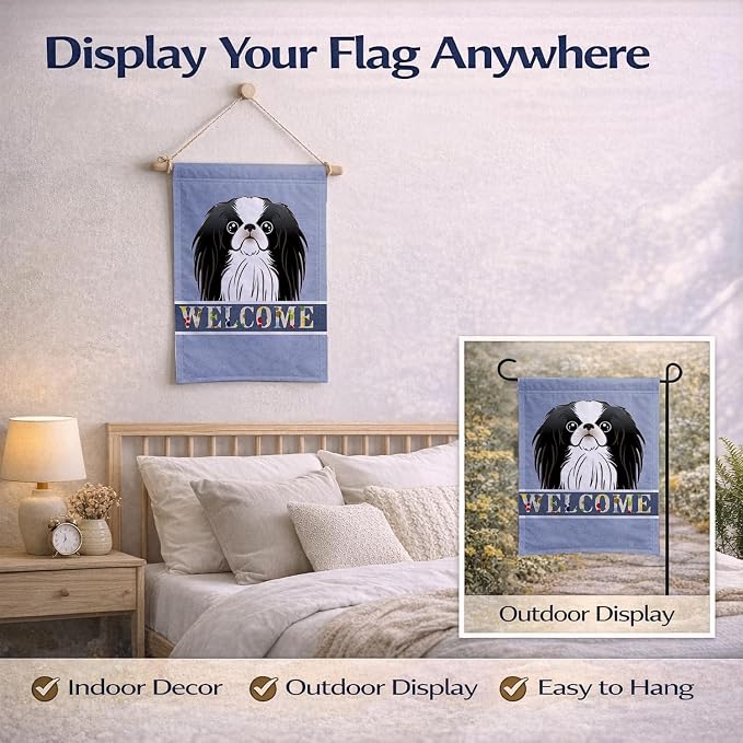 Caroline's Treasures BB1416GF Japanese Chin Welcome Garden Flag, Blue Mailbox Flag Decorative Yard Flag Banner Outside Patio Artwork Yard Flower Beds, Garden Size, Multicolor