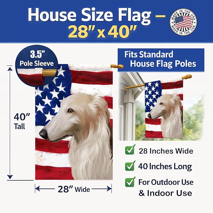 Caroline's Treasures CK6449CHF Borzoi Dog American Flag House Flag Large Porch Sleeve Pole Decorative Outside Yard Banner Artwork Wall Hanging, Polyester, House Size, Multicolor