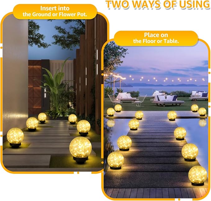 ASOMST 2-Pack Garden Solar Lights Outdoor, Cracked Glass Ball Light Waterproof, Decorative Solar Globe Lights Warm White for Yard Pathway Patio Lawn