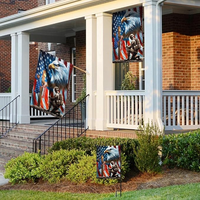 American Flag-Patriotic Eagle Veteran Kneeling Soldier Christ Cross Memorial Day American Flag MLN2793F, 3x5 ft. Flag-USA Flags Premium Polyester-Decorative Indoor Outdoor Flag