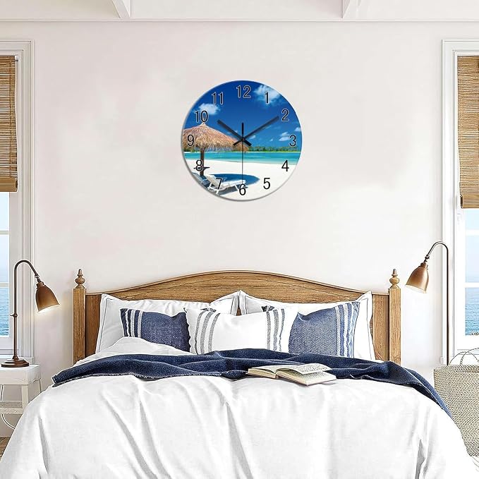 XFM Blue Beach Wall Clock 12 Inch Silent | Non-Ticking Battery Operated Modern Glass Tropical Summer Coastal Decorative for Living Room Kitchen Bedroom Office