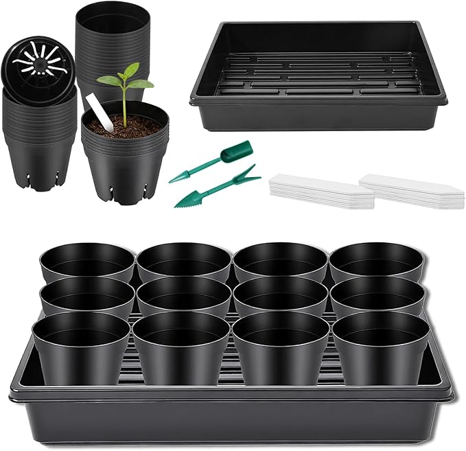 Seed Starter Tray Kit - 60-Pack 3.4 Inch Round Nursery Pots with Drainage Holes, 5 Seedling Trays, 100 Plant Labels & 2 Transplanting Tools for Vegetables, Flowers, Herbs Seed Starting