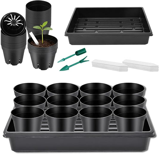 Seed Starter Tray Kit - 60-Pack 3.4 Inch Round Nursery Pots with Drainage Holes, 5 Seedling Trays, 100 Plant Labels & 2 Transplanting Tools for Vegetables, Flowers, Herbs Seed Starting