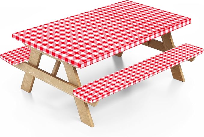 Picnic Table Cover with Bench Covers and Bag, Camping Essentials Camping Table Cover with Elastic Edges, 72x30 Inches 3 Pcs Set (Red)