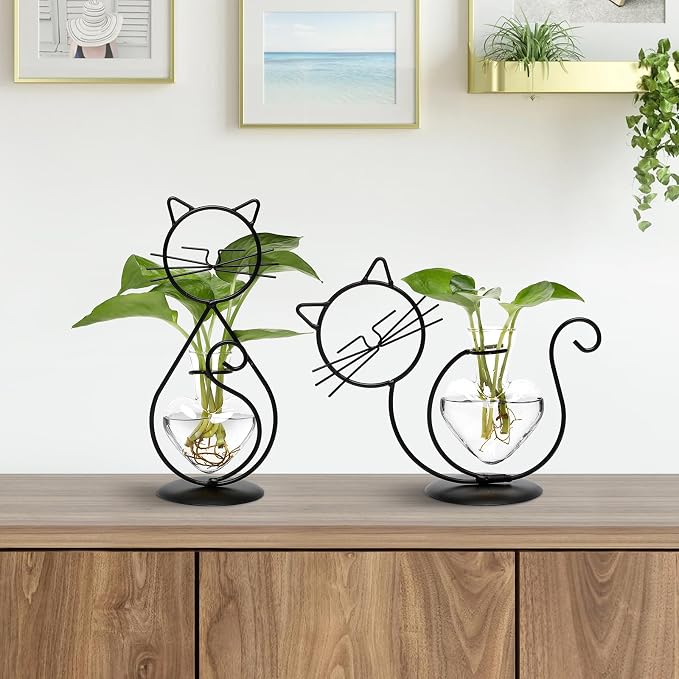 Plant Terrarium Plant Propagation Station Cat Lover Gifts for Women | Plant Lovers Home Office Decor Cat Desk Accessories