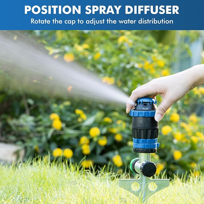 RESTMO Gear Drive Sprinkler with Metal Spike Base, 5-Pattern Heavy Duty Gardening Watering System, Multi-Adjustable Lawn Sprinkle for Garden Plant, Flower Bed and Large Yard Area Watering, Blue