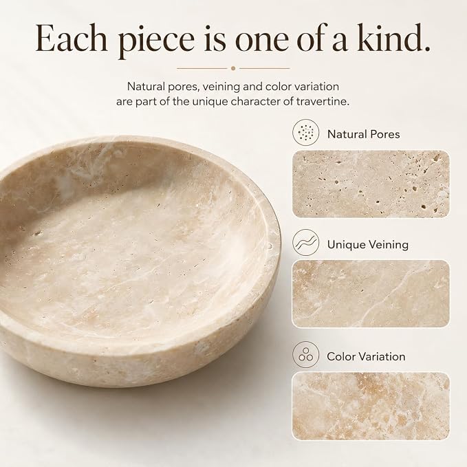Travertine Decorative Bowl, 7.87-Inch Stone Catchall | Natural Key Bowl for Entryway Table, Coffee Table Centerpiece, Console Table and Living Room Decor