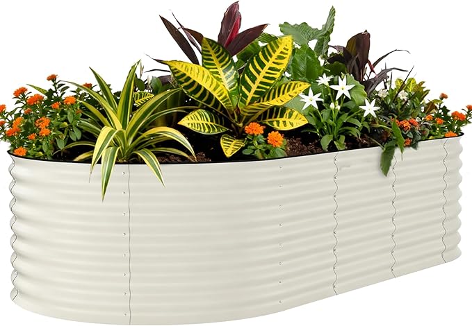 Garvee 8x4x2ft Galvanized Raised Garden Bed, Oval Metal Planter Box with Anti-Cut Safety Edges, 479 Gallons Rust-Resistant Deep Root Planter for Outdoor Vegetables, Flowers, Herbs, Beige