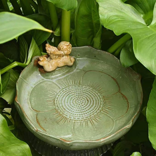 9.45inch Ceramic Ground Bird Bath Bowl for Outside, BirdBath Bowl Only, Ground Bird Feeders and birdbath for Outdoors, Tabletop，Balcony and Garden(Angel)