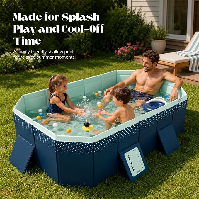 82.67-Inch Foldable Swimming Pool, Blue Non-Inflatable Rectangular Pool for 3-4 People, 4-Layer Composite PVC, Aluminum Alloy Frame, Dual Drains for Backyard Summer Fun