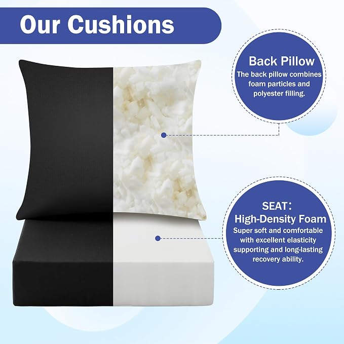 Outdoor Chair Cushions, 24 x 24 Inch Outdoor Cushion for Patio Furniture, Patio Chair Cushion, Waterproof & Fade Resistant Deep Patio Furniture Cushions Set with Handle and Ties, Black (Set of 6)