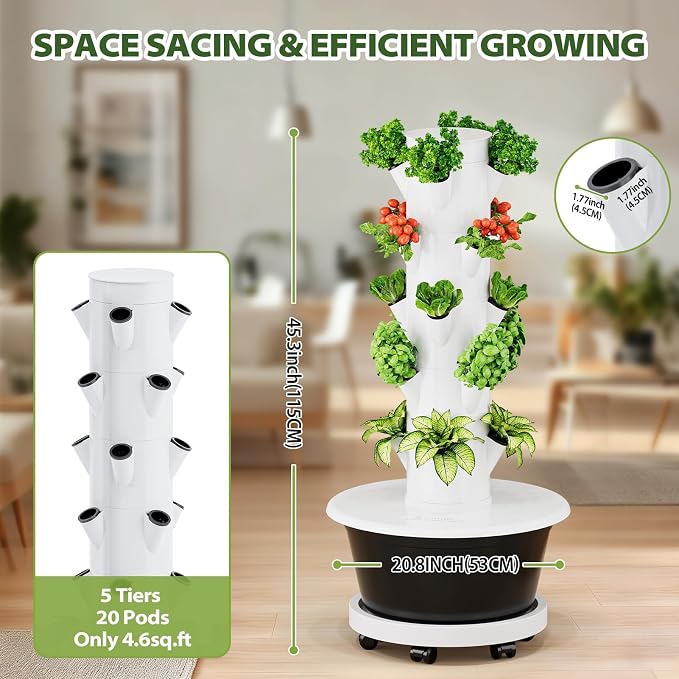 SPECILITE Hydroponics Growing System Kit, Hydroponic Tower, 5 Tiers 20 Pods | with Wheels, Pump & Timer, 30L Large-Capacity Water Tank, Automatic Watering System, Beginner-Friendly, for Vegetables, Fruit