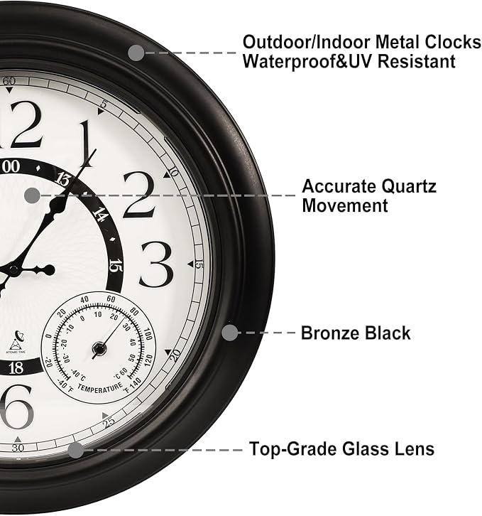 18-Inch Outdoor Wall Clock with Thermometer Hygrometer, LED Auto Light Sensor, Outdoor Clock Waterproof Large Display for Garden Patio Home Decor