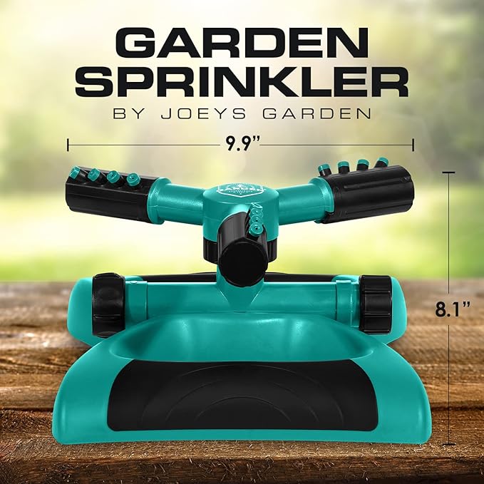 Joeys Sprinkler for Yard, Rotating Garden Sprinkler with 3 Adjustable Arms, Weighted Base, Expandable Connection, Lawn and Yard Sprinklers (Green)