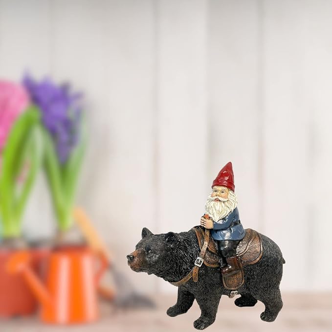 BestGiftEver Outdoor Statue Gnome Riding Bear Design in Resin | Funny, Garden Yard Patio Flowerbed Lawn Decoration, Figurine