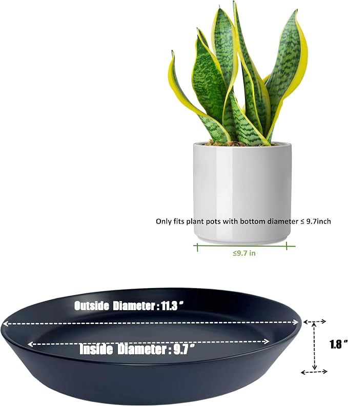 Ceramic Plant Saucer Tray 9 10 11 Inch Black, 11.3" OD x9.7 ID x1.8 Deep| Round Sturdy Heavy Duty Glazed Bevel Planter Drip Flower pots with Catch Basin for Indoor Outdoor Plants
