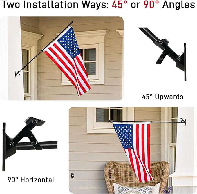 Black Flag Pole for Outside House, 6 FT Stainless Steel No Tangle Spinning Residential Flagpoles & Two-Position Flag Pole Holder Brackets Mounting for USA Outdoor Flags for Porch(Without Flag)