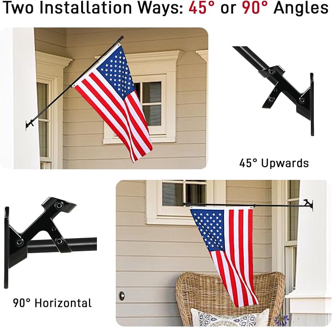 Black House Flag Pole Kit, (2 Packs) 6 FT Stainless Steel Tangle Free Spinning Flagpoles with Two-Position Wall-Mounted Flag Pole Holder for 3x5 American Flags, Outside House Porch (No Flag)
