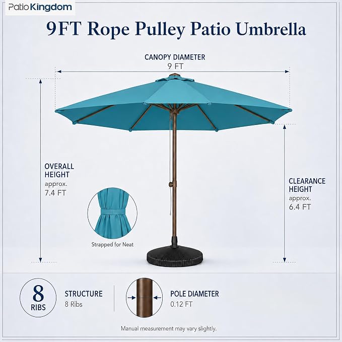 9FT Patio Umbrella, Outdoor Table Umbrella with Rope Pulley Lift, 3 Adjustable Heights, Market Umbrellas for Backyard, Pool and Deck, UPF50+
