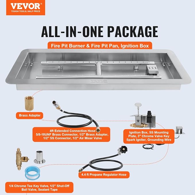 VEVOR 36 x 12 inch Drop-in Fire Pit Pan, Rectangular Stainless Steel Fire Pit Burner Kit, Propane Fire Pan 150,000 BTU with H-Burner for Indoor or Outdoor Use