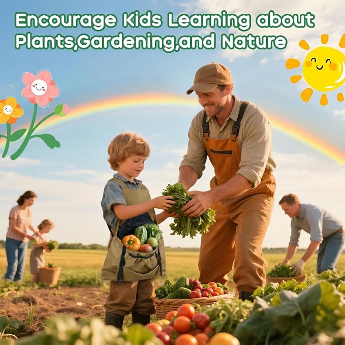 Kids Gardening Apron,Canvas Garden Apron with Pockets and Harvesting Pouch for 6-12 Grils and Boys