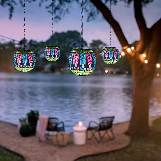 Solar Hanging Lanterns Outdoor Waterproof Glass Mosaic Gazing Ball Globe Hanging Lantern Lights for Patio Garden Yard Home Decor (Colorful)