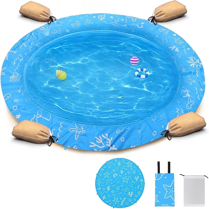 Mity rain Beach Pool Puddle, 6.6FT Pool with Sandbags & Carry Bag | Portable Beach Mat for Outdoor Summer Fun