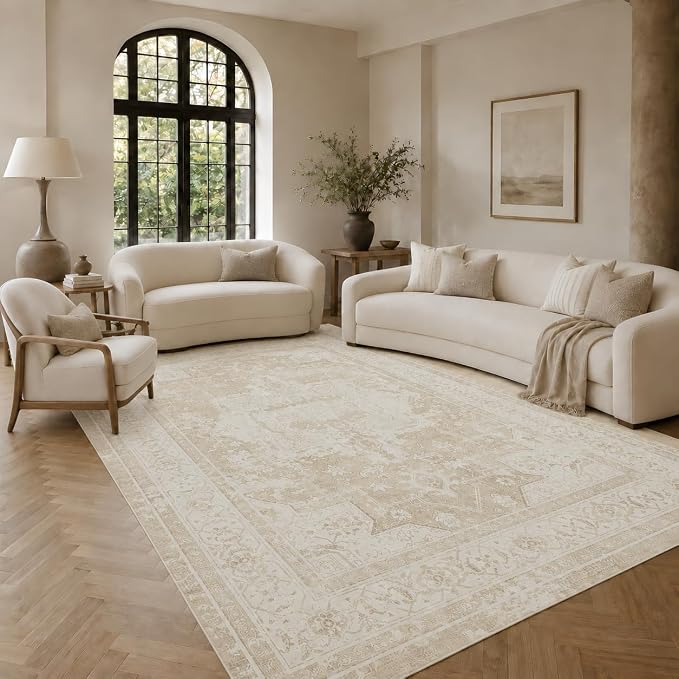 10x14 Area Rugs Washable Large Vintage Rug for Living Room Bedroom | Beige Farmhouse Boho Floral Neutral Washable Stain Resistant Indoor Carpet for Bedroom Office and Home Decor