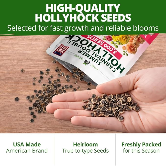 HOME GROWN Hollyhock Summer Carnival Mix Flower Seeds – Alcea Rosea, Premium Annual Flower Seeds, 3000 Seeds for Planting Flowers, High-Germination Flower Seed Bulk Pack