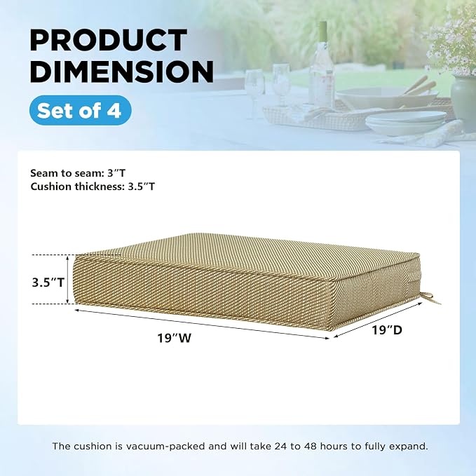 19 x 19 Inch Outdoor Chair Cushions with Tie Straps, Set of 4 Thick Water Repellent Square Patio Chair Pads for Garden Lawn Patio Furniture, Yellow Weave Pattern