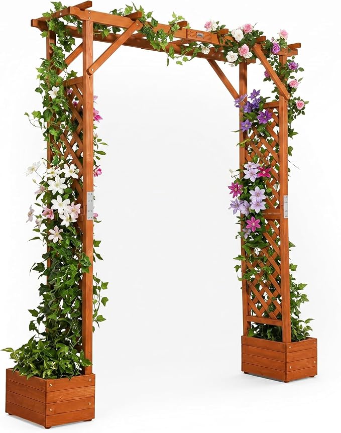 VINGLI Wooden Garden Arbor with Planter, Wedding Arch for Ceremony, Wood Garden Arbour Trellis for Plant Climbing, Pergola for Garden Backyard, Lawn, Outdoor (Golden Brown)