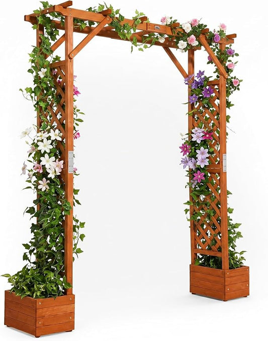 VINGLI Wooden Garden Arbor with Planter, Wedding Arch for Ceremony, Wood Garden Arbour Trellis for Plant Climbing, Pergola for Garden Backyard, Lawn, Outdoor (Golden Brown)