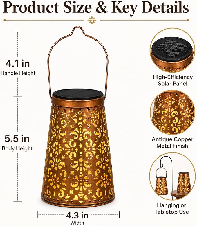 LeiDrail 2 Pack Hummingbird & Flower Solar Lanterns Outdoor, Hanging Waterproof Vintage Metal Lantern, Auto On/Off Garden Patio Yard Porch Pathway Decor, Gifts for Women Mom Grandma