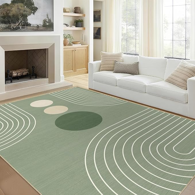 Area Rug 5x7 Boho Modern Minimalist Geometric Abstract Rug Sage Green Mid Century Modern Rug for Living Room Machine Washable Non-Slip Printed Low Pile Indoor Carpet for Bedroom Dining Room Office