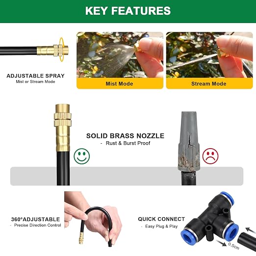 Drip Irrigation System, 2026-Upgrade 20Ft 1/4" Garden Watering System with 5 Pcs 360° Adjustable Copper Nozzles, DIY Kit for Garden, Lawn, Greenhouse, Raised Beds & Outdoor Plants