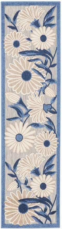Nourison Home Aloha Blue Grey 2'3" x 12' Area Rug - Easy Clean, Non Shedding, Bed Room, Living Room, Dining Room, Kitchen (12' Runner)
