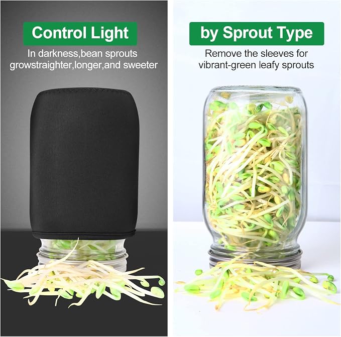 Sprouting Jar Kit, 32 OZ 2 Large Wide Mouth Mason Jars with Sprout Lids, Premium Canning Lids, Blackout Sleeves, Tray ,Stand & Canning Brush - Sprouting Kit for Growing Broccoli, Mung Bean, Alfalfa