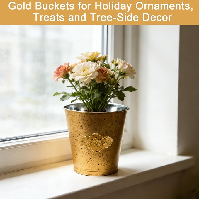3 Pack Gold Metal Buckets, 6.5" x 6.6" Galvanized Decorative Pails for Floral Arrangements, Plant Pot Covers, Party Favors, Wedding Table Decor and Small Storage