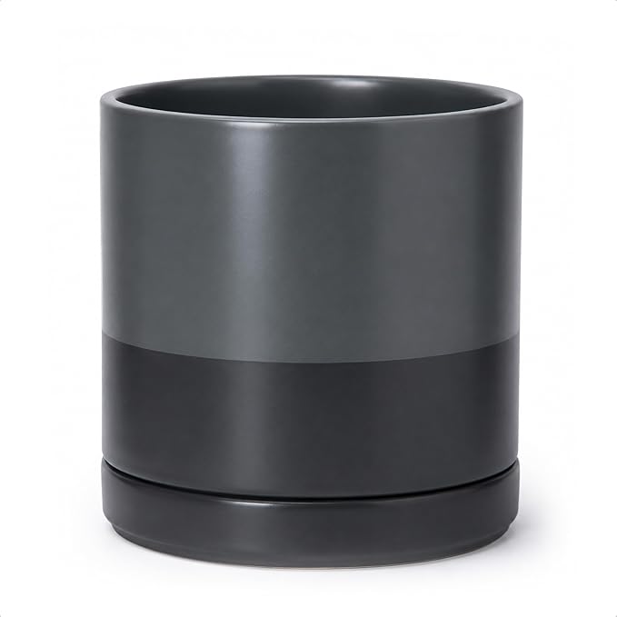 D'vine Dev 10 Inch Ceramic Planter Pot with Drainage Hole and Saucer, Indoor Cylinder Round Planter Pot, Slate, 94-O-E-5