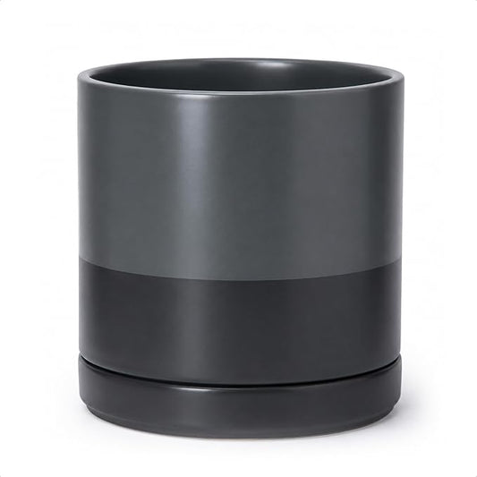 D'vine Dev 10 Inch Ceramic Planter Pot with Drainage Hole and Saucer, Indoor Cylinder Round Planter Pot, Slate, 94-O-E-5