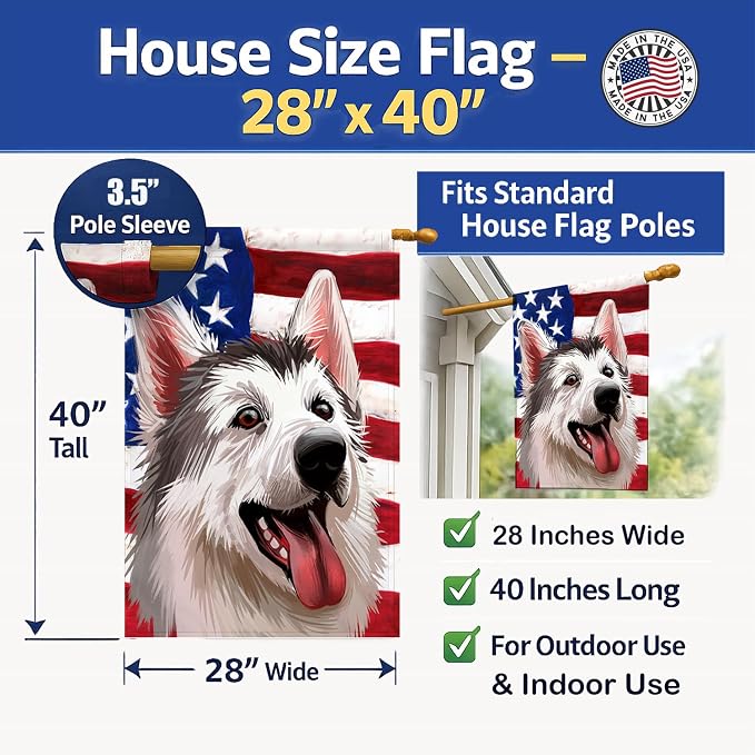 Caroline's Treasures CK6629CHF Northern Inuit Dog American Flag House Flag Large Porch Sleeve Pole Decorative Outside Yard Banner Artwork Wall Hanging, Polyester, House Size, Multicolor