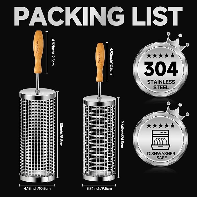 Chenovate® Rolling Grill Baskets,Gifts for Men,Removable Wooden Handle,304 Stainless Steel,Grilling Accessories for Veggies,Smoker BBQ Tools,Grilling Gifts for Birthday Festival Anniversary —2 Pack