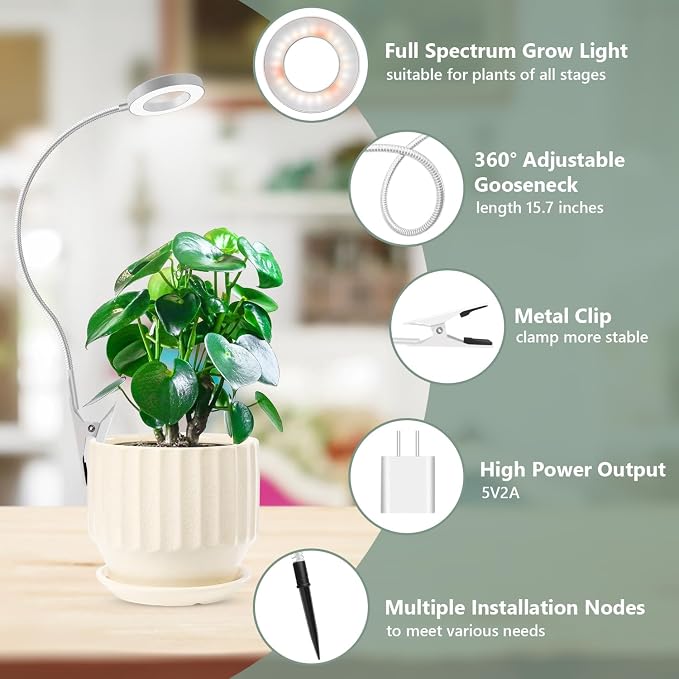 Plant Light Clip on 2 Pack, 6000K White Full Spectrum Plant Lights for Indoor Growing, Halo Grow Lamp with 360° Gooseneck, 6/12/16H Timer, 3 Light Modes, 5 Level Dimmable
