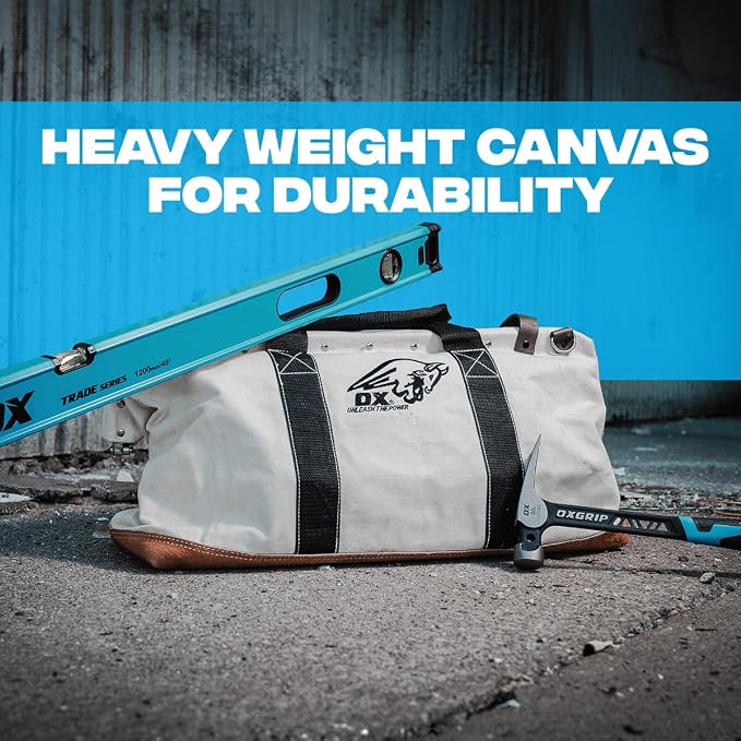 OX Tools Large Canvas Tool Bag 24 Inch Wide with Heavy Duty Masonry Tool Bag Straps and Reinforced Frame with Suede Leather Bottom for Construction Workers OX-P262924