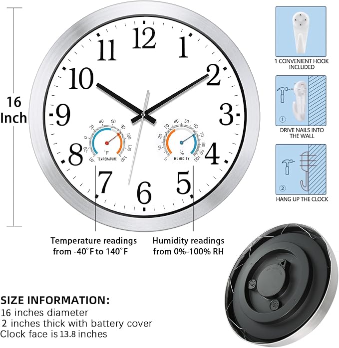 Caysie 16 Inch Indoor Outdoor Clocks Waterproof with Thermometer and Hygrometer Combo, Silent Battery Operated Quartz Metal Wall Clock for Patio Pool Bathroom Home (White)