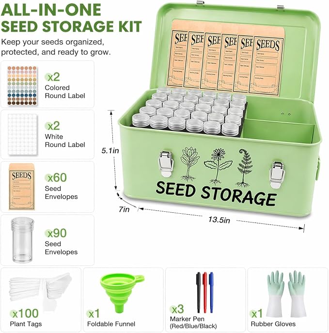 FOCHIER F Large Metal Seed Storage Organizer Box with Lid, Double-Layer Seal Design, 304 Stainless Steel Safety Lock, Handles, Extra Seed Envelopes and Labels