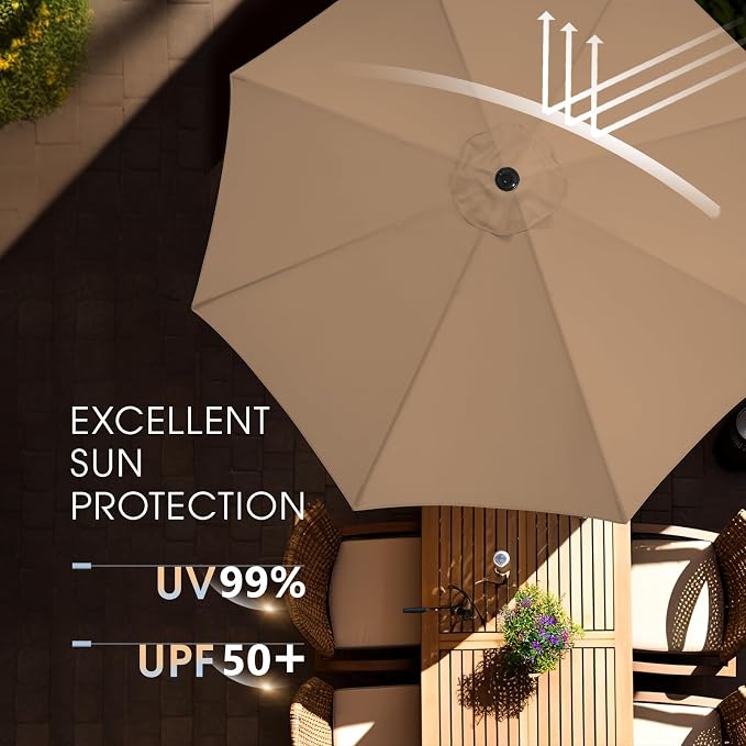 wikiwiki 11FT Patio Umbrella with Base, Outdoor Umbrellas with Base Included, 8 Sturdy Ribs, Waterproof Fade Resistant POLYESTER DTY Canopy for Deck, Lawn, Garden, Backyard & Pool, Tan