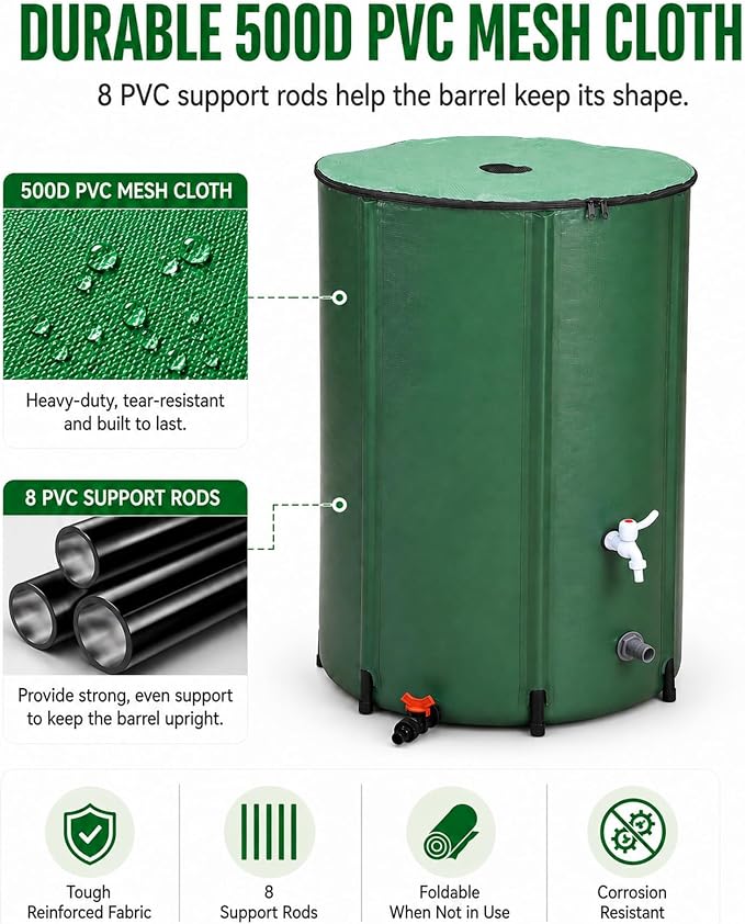 132 Gallon Collapsible Rain Barrel, Rain Water Collection Barrel System Kit, Collapsible Water Tank with 2 Spigots and Overflow Kit, Portable Rain Water Catcher for Garden, Green