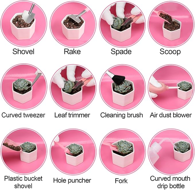 44pcs Small Gardening Tools Gifts for Women Beginners - Garden Hand Tools Set for Indoor Succulent Bonsai Plants Transplanting, Included Bag/Repotting Mat/Shovel/Labels, Pink